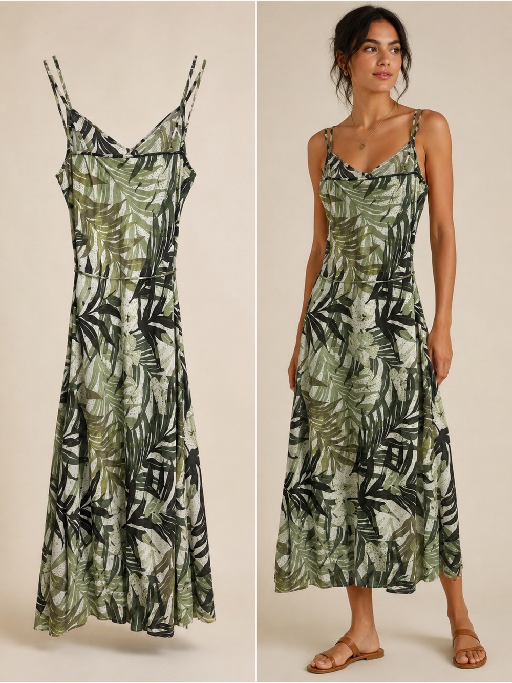 Marks & Spencer | Tropical Palm Print Midi Dress Green Tie Back Resort Dress | M